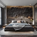 Modern Bedroom Interior With Textured Accent Wall Platform Bed Plush Pillows And Area Rug