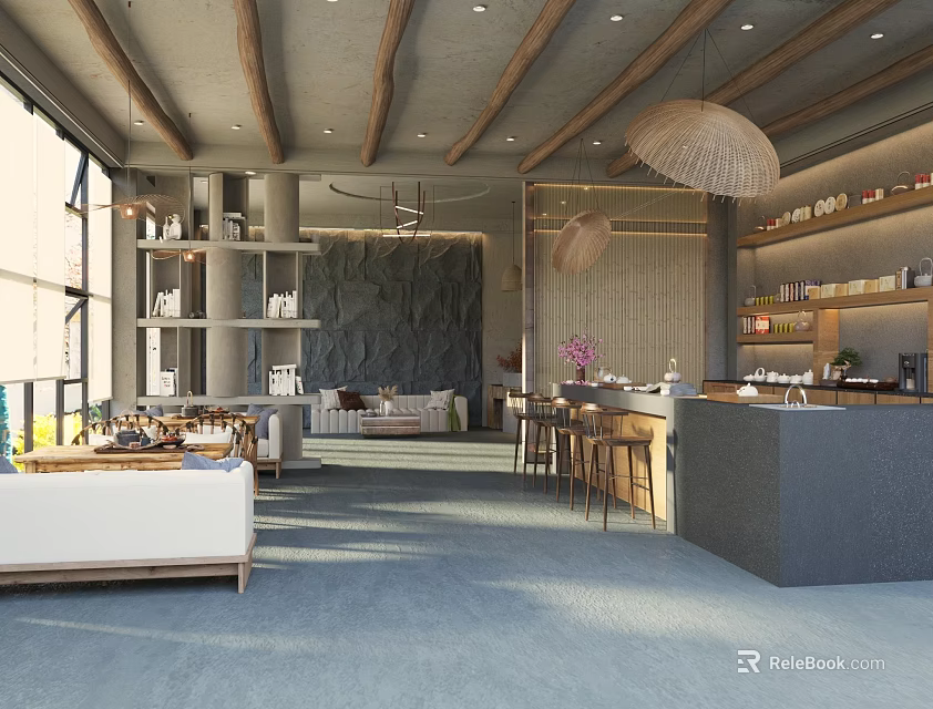 Modern Rustic Interior With Wooden Beams Large Windows Sofa Bar Counter And Pendant Lights 3d model 