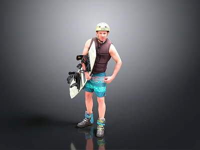 Snowboarder Standing With Yellow Helmet Brown Vest Blue Shorts Snowboard And Ski Boots 3d model