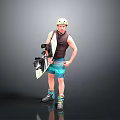 Snowboarder Standing With Yellow Helmet Brown Vest Blue Shorts Snowboard And Ski Boots