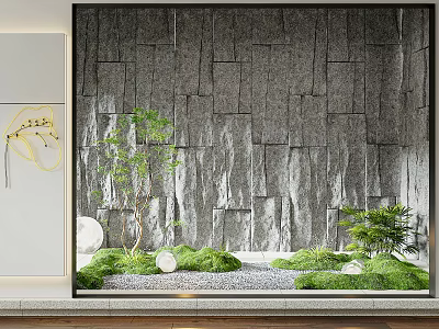 Serene Indoor Landscape With Stone Wall Waterfall Moss Small Plants And Decorative Stones 3d model