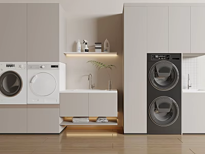 Modern Bathroom Cabinetry with Washer Dryer Sink and White Gray Storage on Wooden Floor 3d model