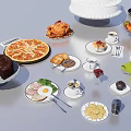 Assorted Foods Display With Layered Cake Pizza Fruit Platter And Pastries