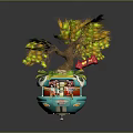 Cartoon Sphere Decorative Scene With Tiny House Colorful Tree Yellow Green Leaves And Red Sign