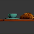 Creamy Latte Coffee With Latte Art In Blue Cup And Croissant On Red Cutting Board