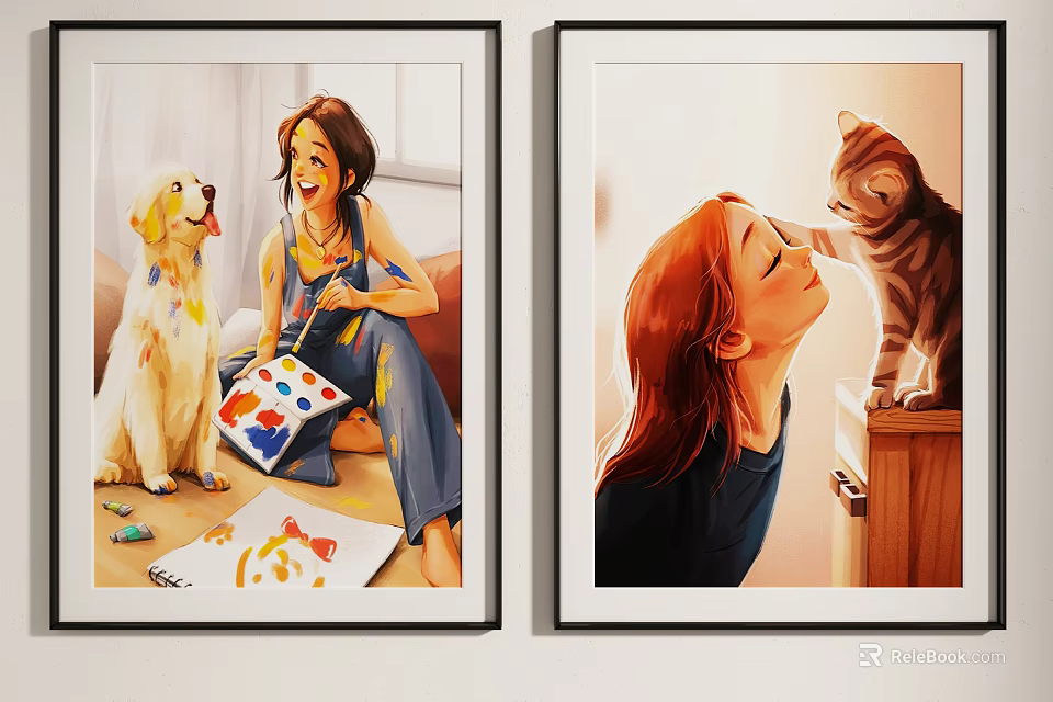 Playful Girl Interacting With Dog And Cat In Artistic Painting Scenes 3d model 
