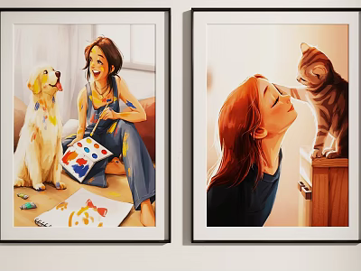 Playful Girl Interacting With Dog And Cat In Artistic Painting Scenes 3d model