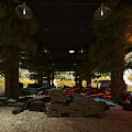 Indoor Themed Space Featuring Palm Trees Desert Mural Stone Structures Bonfire And Greenery
