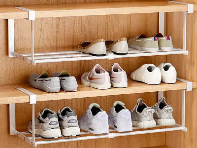 Entryway Hallway Wooden Shoe Rack With Sneakers And Flat Shoes Storage 3d model