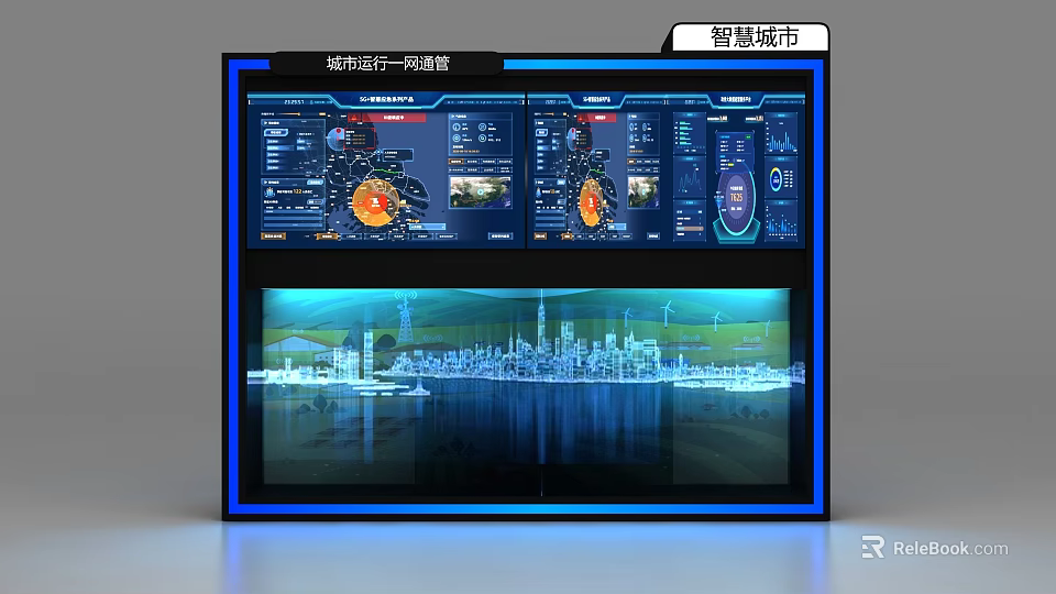 Smart City Background Wall With Dynamic Data Display And Blue Tech Cityscape 3d model