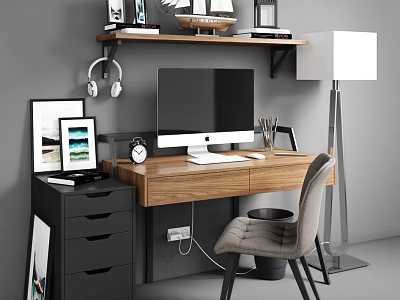 Wooden Office Desk With Computer Monitor Clock And Chair Shelf With Decorations And Drawer Cabinet 3d model