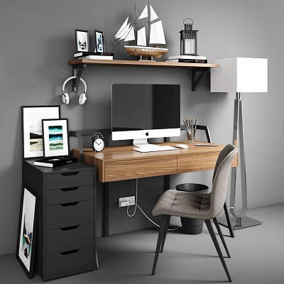 Wooden Office Desk With Computer Monitor Clock And Chair Shelf With Decorations And Drawer Cabinet 3d model