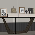 Modern Wooden Console Table With Framed Pictures Woven Basket And Decorative Items On Striped Backdrop