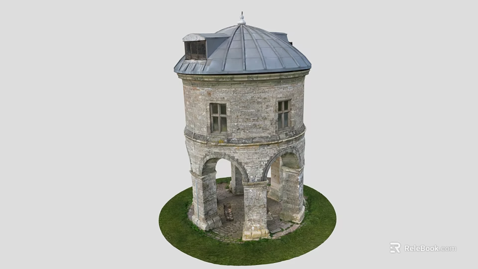 Ancient Architecture Tower With Gray Roof Stone Walls Arched Doorways And Grass 3d model 