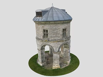 Ancient Architecture Tower With Gray Roof Stone Walls Arched Doorways And Grass 3d model