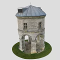 Ancient Architecture Tower With Gray Roof Stone Walls Arched Doorways And Grass