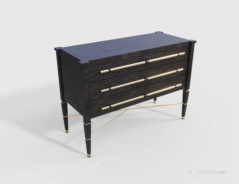 Elegant Black Console Cabinet With Golden Handles Legs And Wooden Drawers 3d model 