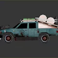 Blue Custom Pickup Truck With Red Accents Roof Rack Green Cargo And Spare Tire