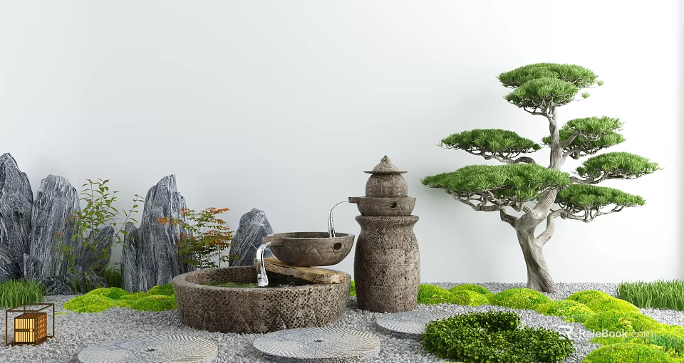 Karesansui Zen Garden Design With Stone Lantern Basin Pine Tree And Moss 3d model