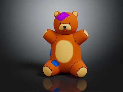 Vintage Brown Stuffed Teddy Bear Doll With Yellow Belly Purple Blue Patches And Stitched Details 3d model