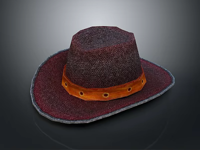 Dark Red Woven Cowboy Hat With Wide Brim Orange Band And Circular Holes 3d model