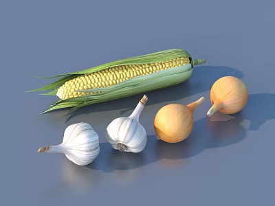 Fresh Corn in Husk with Yellow Onions and Garlic Bulbs on Gray Surface 3d model