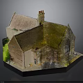Traditional Brick Building Model Featuring Brown Mossy Roof Chimney And Green Lawn