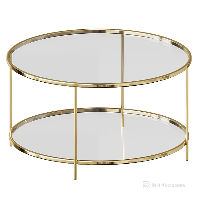 Elegant Round Two Tiered Coffee Table With Glass Top And Gold Metal Frame 3d model 