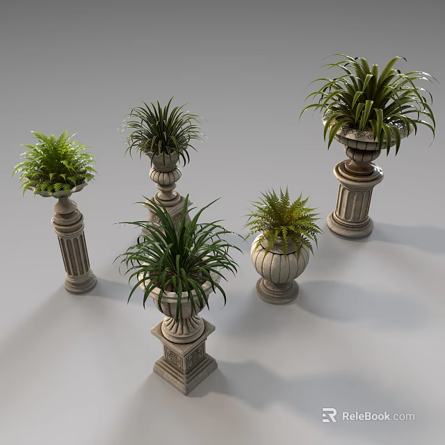 Ornamental Bonsai Potted Plants On Carved Stone Pedestals With Lush Green Leaves 3d model 