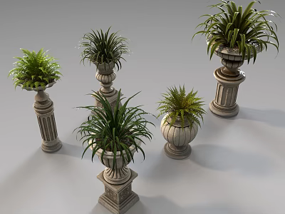 Ornamental Bonsai Potted Plants On Carved Stone Pedestals With Lush Green Leaves 3d model