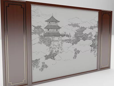 Elegant Luxury Background Wall With Chinese Ink Landscape Painting Wooden Frame And Gold Trim 3d model