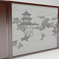 Elegant Luxury Background Wall With Chinese Ink Landscape Painting Wooden Frame And Gold Trim