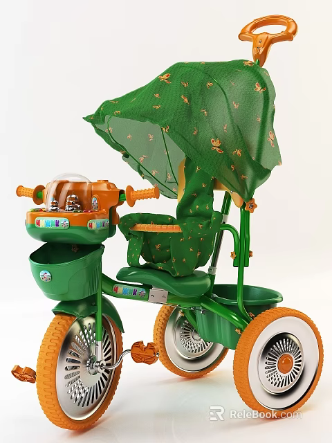 Green Childrens Tricycle With Canopy Toy Compartment Orange Seat And Wheels 3d model 