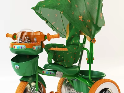 Green Childrens Tricycle With Canopy Toy Compartment Orange Seat And Wheels 3d model