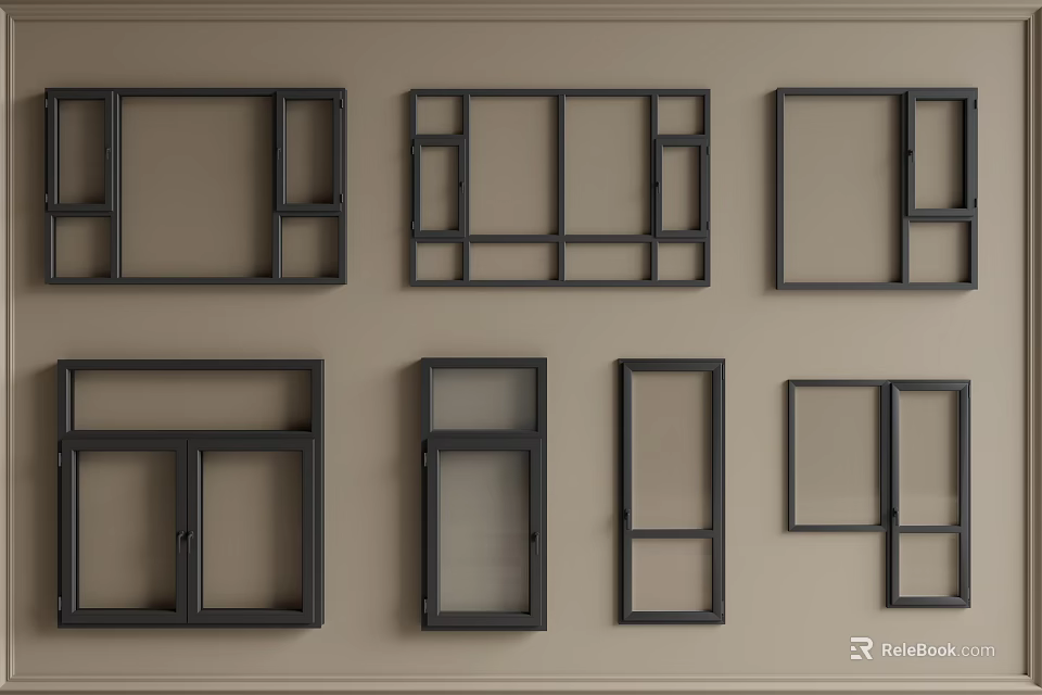 Various Casement Window Designs With Black Frames For Home Interior 3d model