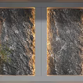 Stone Textured Illuminated Background Wall With Gold Frame And Green Plant