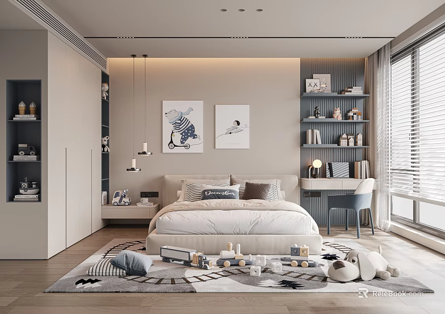 Cozy Children's Room With Soft Bed Toys Carpet Bookshelf And Decorative Art 3d model 