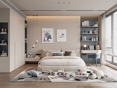 Cozy Children's Room With Soft Bed Toys Carpet Bookshelf And Decorative Art 3d model