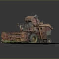Vintage Rusty Orange Agricultural Harvester Model On Green Grass Base With Gray Background