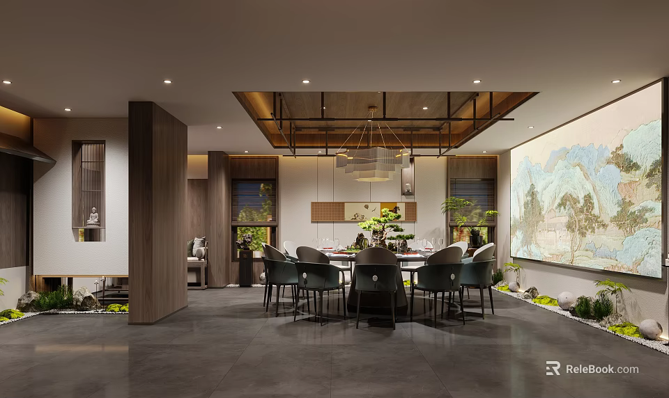 Elegant Modern Private Dining Room With Round Table Chairs Pendant Light And Wall Painting 3d model 