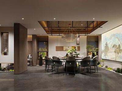 Elegant Modern Private Dining Room With Round Table Chairs Pendant Light And Wall Painting 3d model