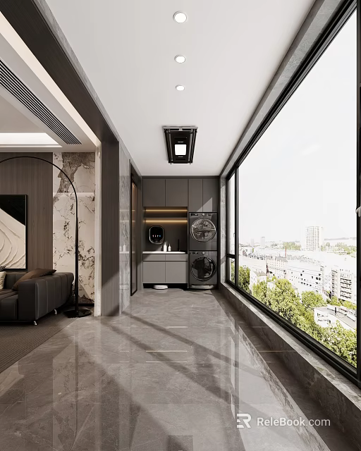 Modern Home Balcony Design With Floor to Ceiling Windows Washing Machine Dryer and City View 3d model 