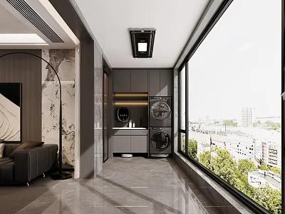 Modern Home Balcony Design With Floor to Ceiling Windows Washing Machine Dryer and City View 3d model