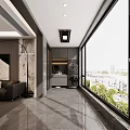 Modern Home Balcony Design With Floor to Ceiling Windows Washing Machine Dryer and City View