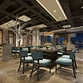 Modern Restaurant Interior With Dining Tables Chairs Tree Like Decoration Green Plants And Marble Flooring