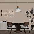 Modern Dining Area With Round Table Four Chairs Wooden Shelf Pendant Light And Green Plant 3d model