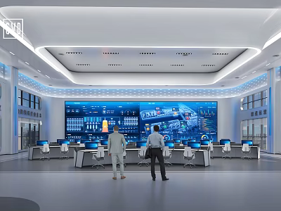 Modern Control Room Interior With Large Digital Screens Control Consoles And Staff 3d model