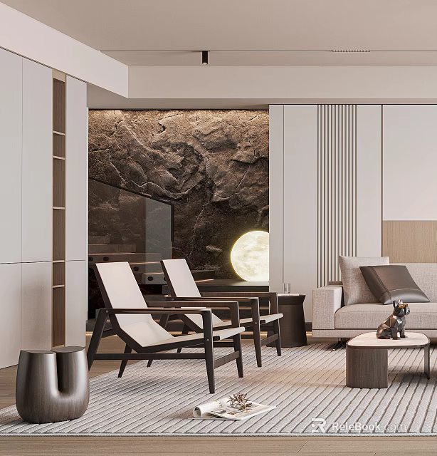 Modern Living Room Interior With Natural Texture Wall Moon Shaped Lamp White Chairs And Sofa 3d model 