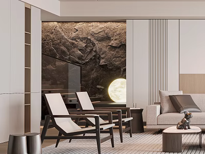 Modern Living Room Interior With Natural Texture Wall Moon Shaped Lamp White Chairs And Sofa 3d model