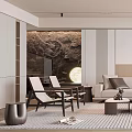 Modern Living Room Interior With Natural Texture Wall Moon Shaped Lamp White Chairs And Sofa